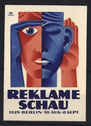 Reklamemarke Berlin, Reklame Schau 1929, Gesicht in Rot-Blau
