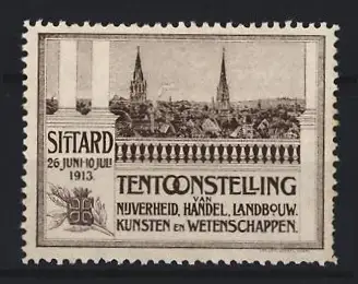 Reklamemarke Sittard, Tentoonstelling 1913, Ortsansicht mit Türmen, schwarz