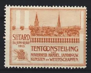Reklamemarke Sittard, Tentoonstelling 1913, Ortsansicht mit Türmen, orange