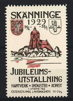Reklamemarke Skänninge, Jubiläums-Ausstellung 1929, Kirche und Wappen