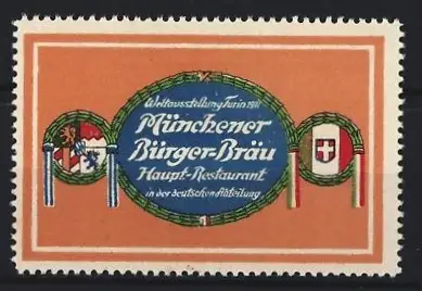Reklamemarke Turin, Weltausstellung Münchener Bürger-Bräu 1911, Weltkugeln