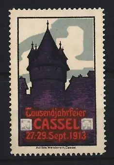 Reklamemarke Cassel, Tausendjahrfeier 1913, Turm und Ortsansicht