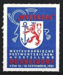 Reklamemarke Düsseldorf, Westeuropäische Postwertzeichenausstellung 1955, Wappen mit Löwe und Anker