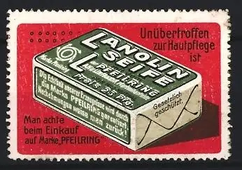 Reklamemarke Lanolin, Seife Marke Pfeilring, Seifenstück, rot
