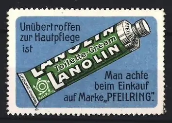 Reklamemarke Lanolin, Hauptpflegecreme der Marke Pfeilring, Creme-Tube