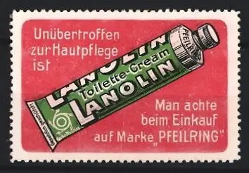 Reklamemarke Lanolin, Hauptpflegecreme der Marke Pfeilring, Creme-Tube, rot