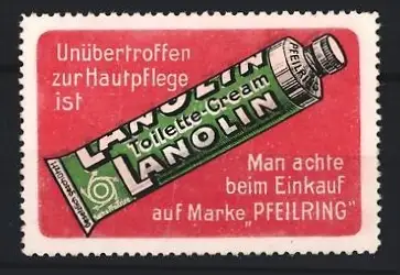 Reklamemarke Lanolin, Hauptpflegecreme der Marke Pfeilring, Creme-Tube, rot