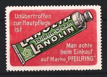 Reklamemarke Lanolin, Hauptpflegecreme der Marke Pfeilring, Creme-Tube, rot