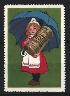 Reklamemarke Nestlé, Kindermehl, Kind mit Regenschirm und Mehldose