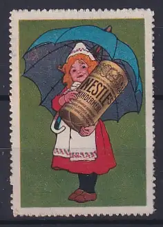 Reklamemarke Nestlé, Kindermehl, Mädchen mit Regenschirm und Mehldose