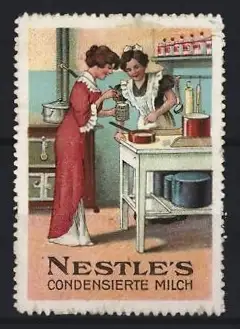 Reklamemarke Nestlé, Condensierte Milch, Küche mit zwei Frauen am Herd