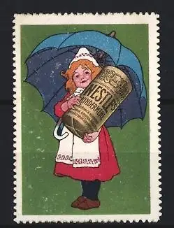 Reklamemarke Nestlé, Kindermehl, Mädchen mit Regenschirm und Dose