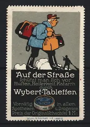 Reklamemarke Wybert, Tabletten gegen Husten, Wanderer mit Koffer
