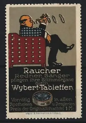 Reklamemarke Wybert, Tabletten zur Pflege der Stimmorgane, Rauchender Mann im Sessel