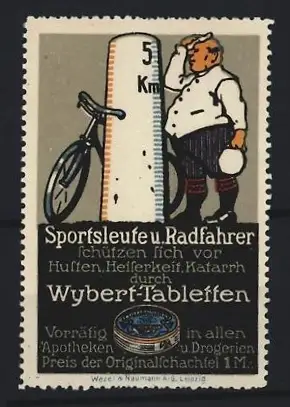 Reklamemarke Wybert, Tabletten gegen Husten, Radfahrer am Kilometerstein
