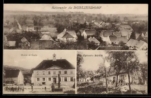 AK Durlinsdorf, Vue Générale, Mairie et École, Épicerie Roth