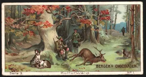 Sammelbild Poessneck i. Th., Robert Berger, Schokolade, Jäger mit Hunden und Beute im Wald