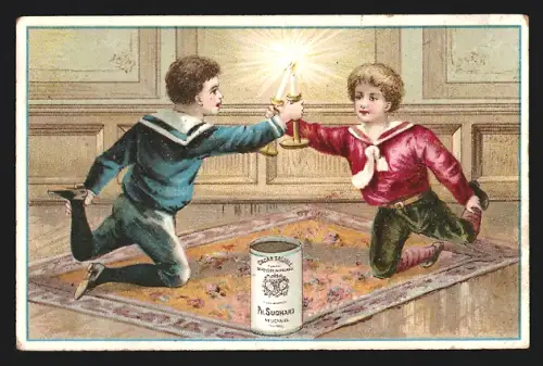 Sammelbild Suchard, Schokolade, Kinder mit Kerzen und einer Schokoladenpackung