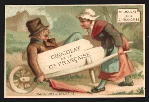 Sammelbild Chocolats Comp. Francaise, Schokolade und Tee, Frau mit Betrunkenem in einer Schubkarre