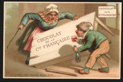 Sammelbild Chocolats Comp. Francaise, Schokolade und Tee, Trinkender Mann versteckt sich vor wütender Frau