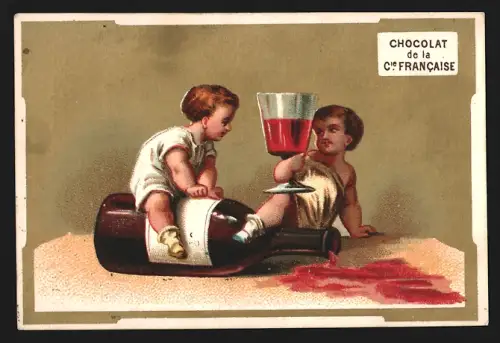 Sammelbild Chocolats Comp. Francaise, Schokolade und Tee, Kinder mit gigantischer Weinflasche