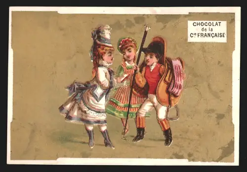 Sammelbild Paris, Chocolats Comp. Francaise, Schokolade und Tee, Drei Kinder mit Sattel und feiner Kleidung