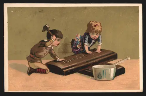 Sammelbild Paris, Lefort Gendre & Succ., Fabrique de Chocolats, Schokolade, Kinder mit Hammer und Schokolade