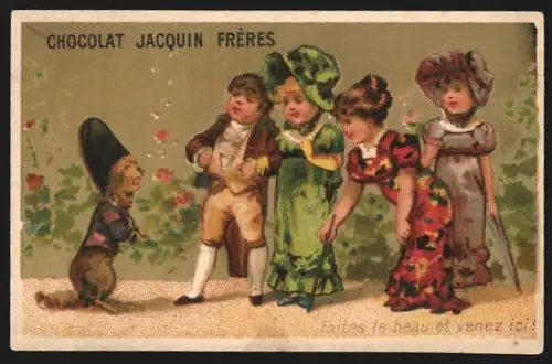 Sammelbild Paris, Jacquin Frères, Schokolade, Mädchen treffen einen Hund in Uniform