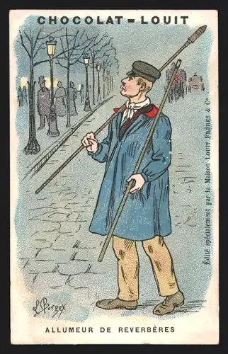 Sammelbild Lyon, Chocolat-Louit, Schokolade, Allumeur de reverbères