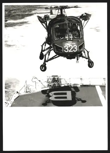 Fotografie Hubschrauber Westland Wasp der britischen Fregatte HMS Ambuscade beim Landemanöver, Kennung 323