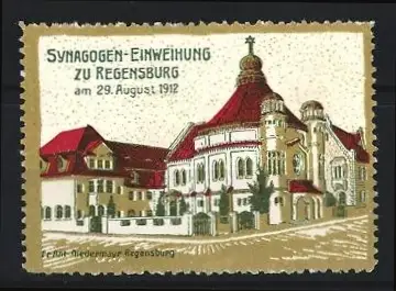 Reklamemarke Regensburg, Synagogen-Einweihung 1912, Strasseneck vor der Synagoge