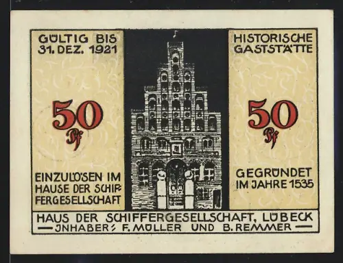 Notgeld Lübeck 1921, 50 Pfennig, Haus der Schiffergesellschaft F. Müller & B. Remmer, Gebäudeansicht & Segelschiff
