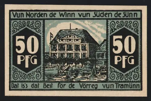 Notgeld Travemünde 1922, 50 Pfennig, Hotel Deutscher Kaiser, Uferpartie mit Gebäudeansicht