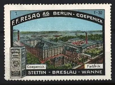 Reklamemarke Berlin-Köpenick, Resag's Korn-Kaffee F.F. Resag AG, Fabrikansicht in Coepenick - Köpenick