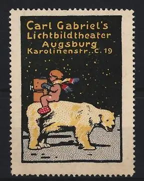 Reklamemarke Augsburg, Carl Gabriel`s Lichtbildtheater, Karolinenstr. 19, Putte mit Kamera auf Eisbär sitzend