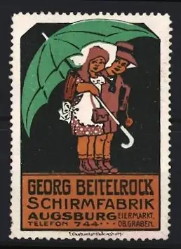 Reklamemarke Augsburg, Georg Beitelrock Schirmfabrik, Kinder mit Regenschirm