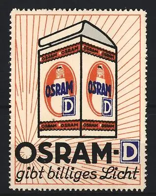 Reklamemarke OSRAM - D gibt billiges Licht, Glühlampe in Verpackung