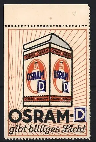 Reklamemarke Osram gibt billiges Licht, Glühbirnenkarton mit OSRAM-Logo