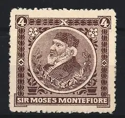 Reklamemarke Sir Moses Montefiore, Porträt im Medaillon, Vordenker des Zionismus, Judaika
