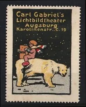Reklamemarke Augsburg, Carl Gabriel`s Lichtbildtheater, Karolinenstr. 19, Putte mit Filmkamera auf Eisbär sitzend