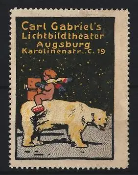 Reklamemarke Augsburg, Carl Gabriel`s Lichtbildtheater, Karolinenstrasse 19, Putte mit Filmkamera auf Eisbär sitzend
