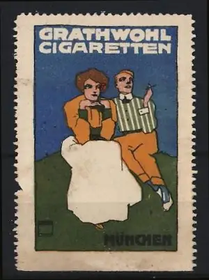 Künstler-Reklamemarke Ludwig Hohlwein, München, Grathwohl Cigaretten, Paar auf Wiese