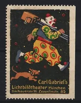 Reklamemarke München, Carl Gabriel`s Lichtbildtheater, Dachauerstr. 16 Zeppelinstr. 85, Hund jagtClown mit Kamera