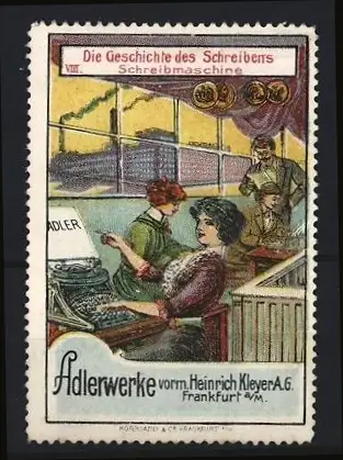 Reklamemarke Frankfurt / Main, Adler Schreibmaschine, Die Geschichte des Schreibens, Schreibmaschine von Adlerwerke