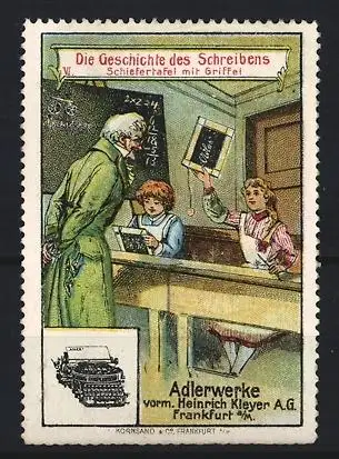 Reklamemarke Frankfurt a. M., Adler Schreibmaschine der Adlerwerke, Geschichte des Schreibens, Schiefertafel mit Griffel