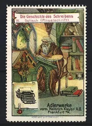 Reklamemarke Frankfurt / Main, Adler Schreibmaschine d. Adlerwerke, Geschichte des Schreibens IV, Gotische Pinselschrift