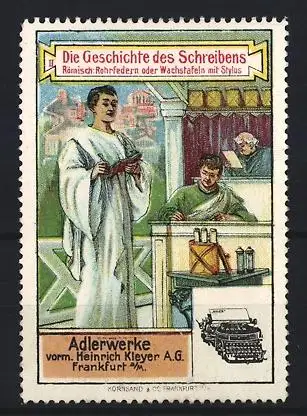 Reklamemarke Frankfurt / Main, Adler Schreibmaschine, Die Geschichte des Schreibens, Römer mit Rohrfeder & Wachstafeln