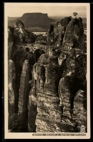 Foto-AK Walter Hahn, Dresden, Nr. 3208: Elbsandsteingebirge, Bastei-Brücke mit Lilienstein
