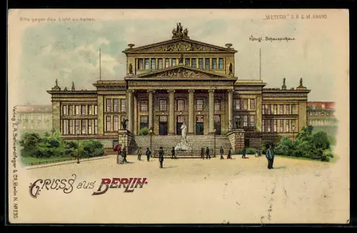 Lithographie Berlin, Königl. Schauspielhaus, Gendarmenmarkt und Vollmond bei Halt gegen das Licht