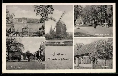 AK Werder a.d. Havel, alte Mühle, Unter den Linden, Blick auf die Bismarckhöhe, im Zentrum, in der Altstadt